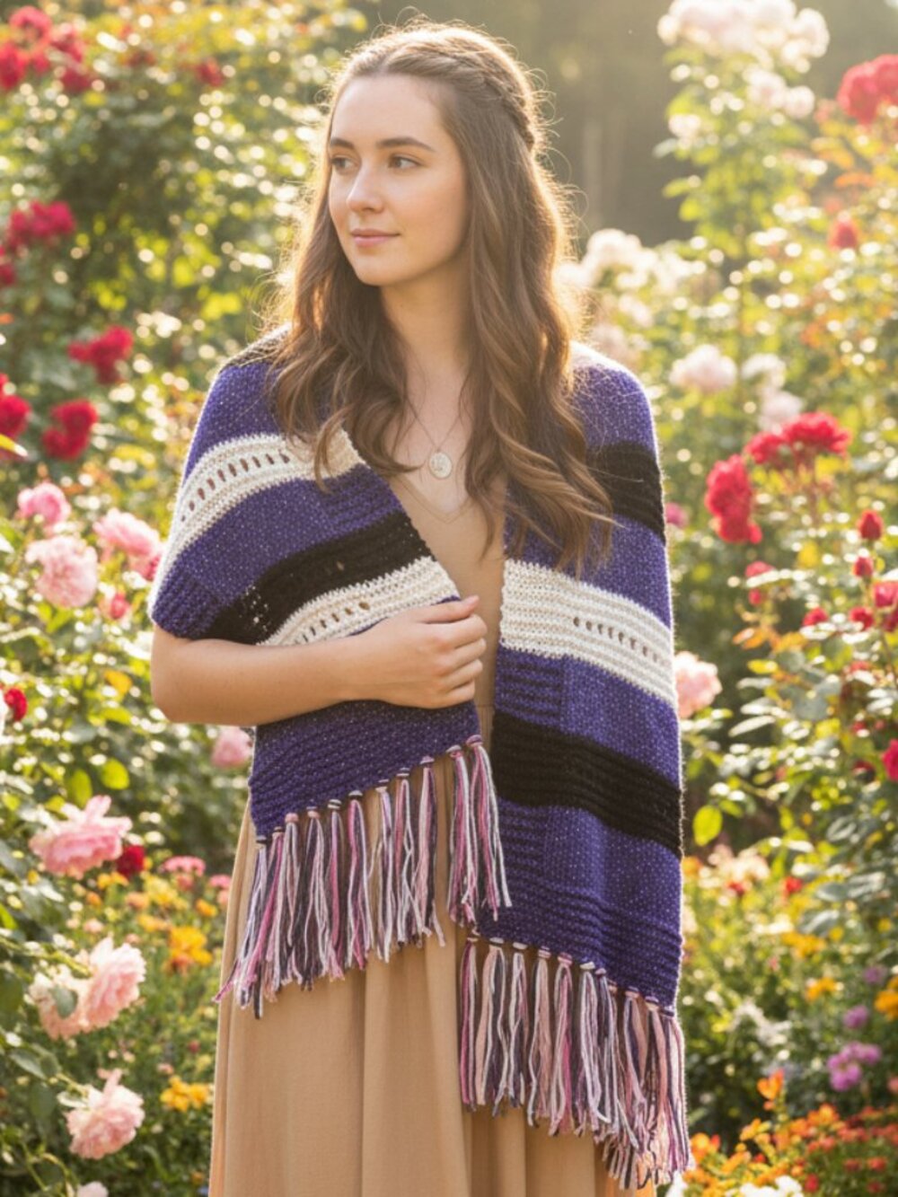 NEW Purple Metallic Black Hand Knitted Knit Shawl Wrap Fringe Indie Boho Chic‎